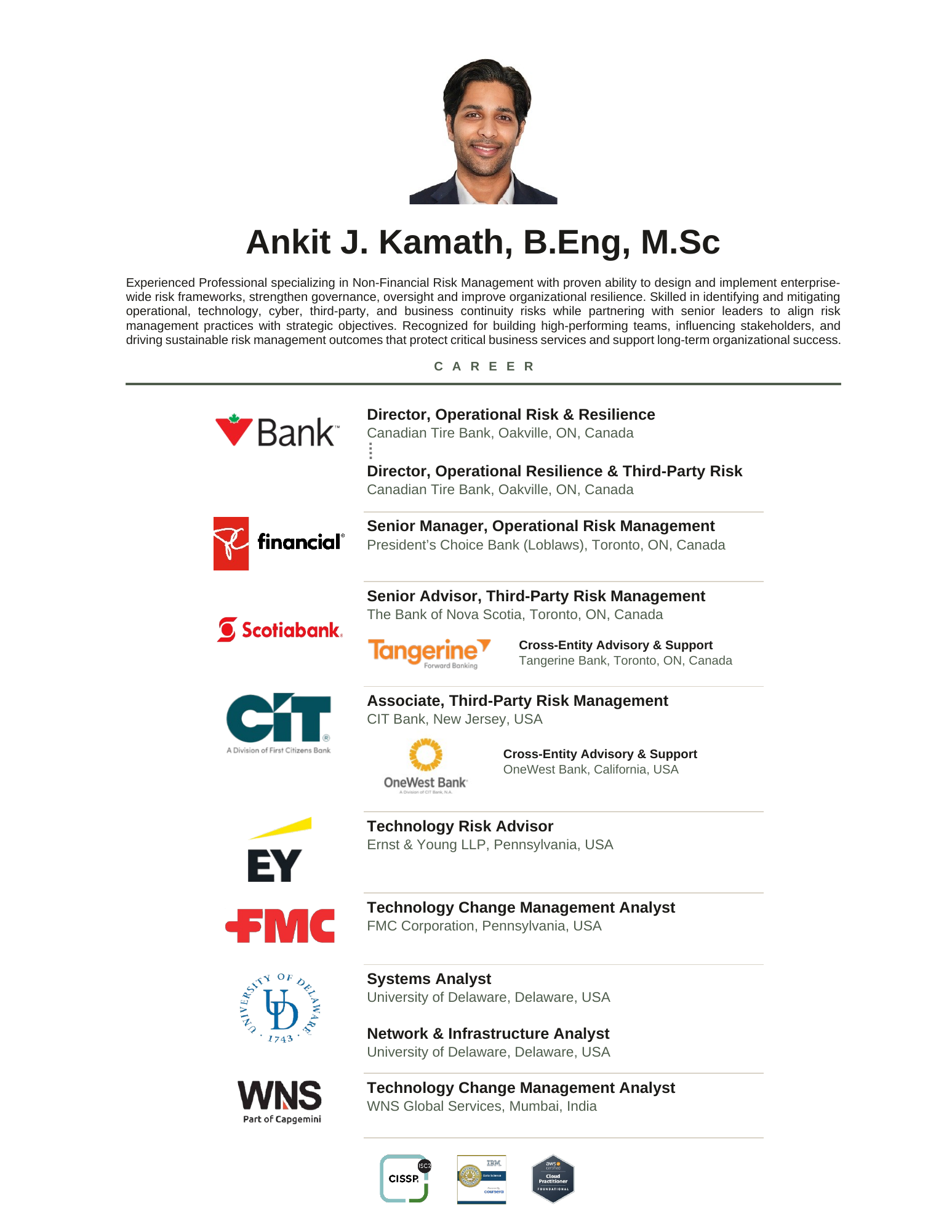Professional profile and career history for Ankit J. Kamath